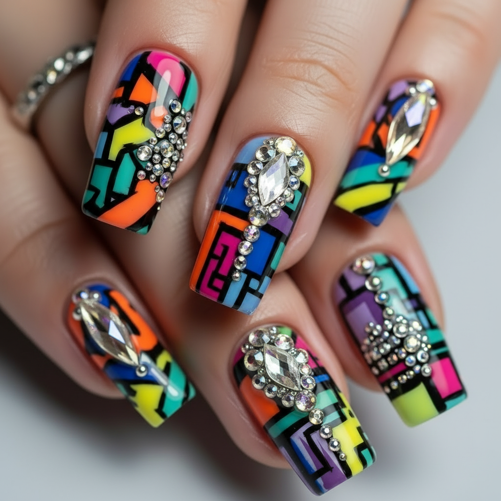 Vibrant nail art curation at L & L nail salon in Brooklyn