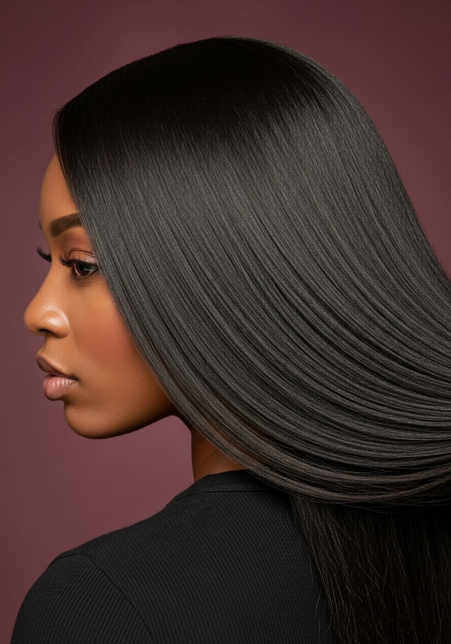 Sleek silk press finish at L & L Beauty Salon in Brooklyn