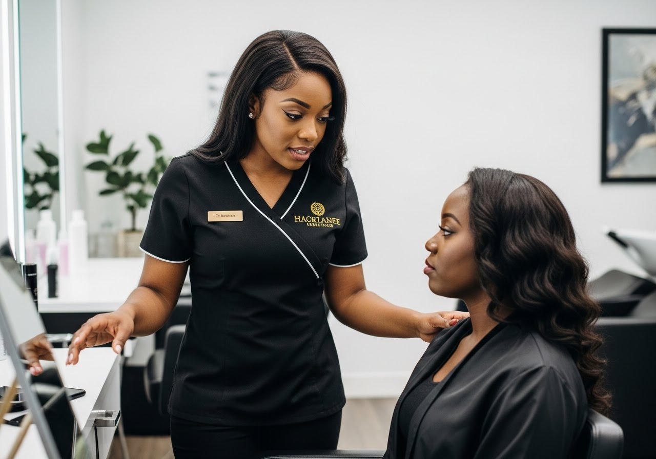 Stylist consulting client at L & L Beauty Salon in Brooklyn